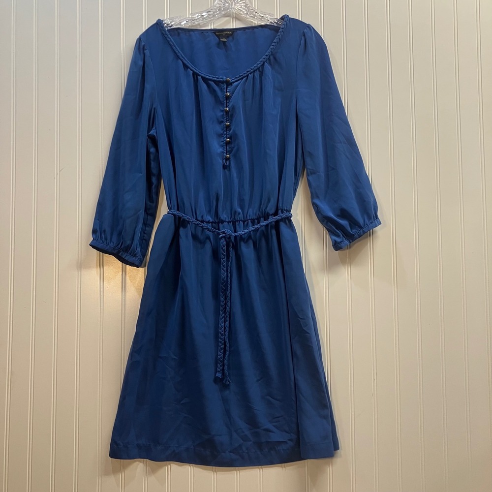 Banana Republic Blue Braided Neckline Tie Waist Shift Dress 3/4 Sleeve Size 12